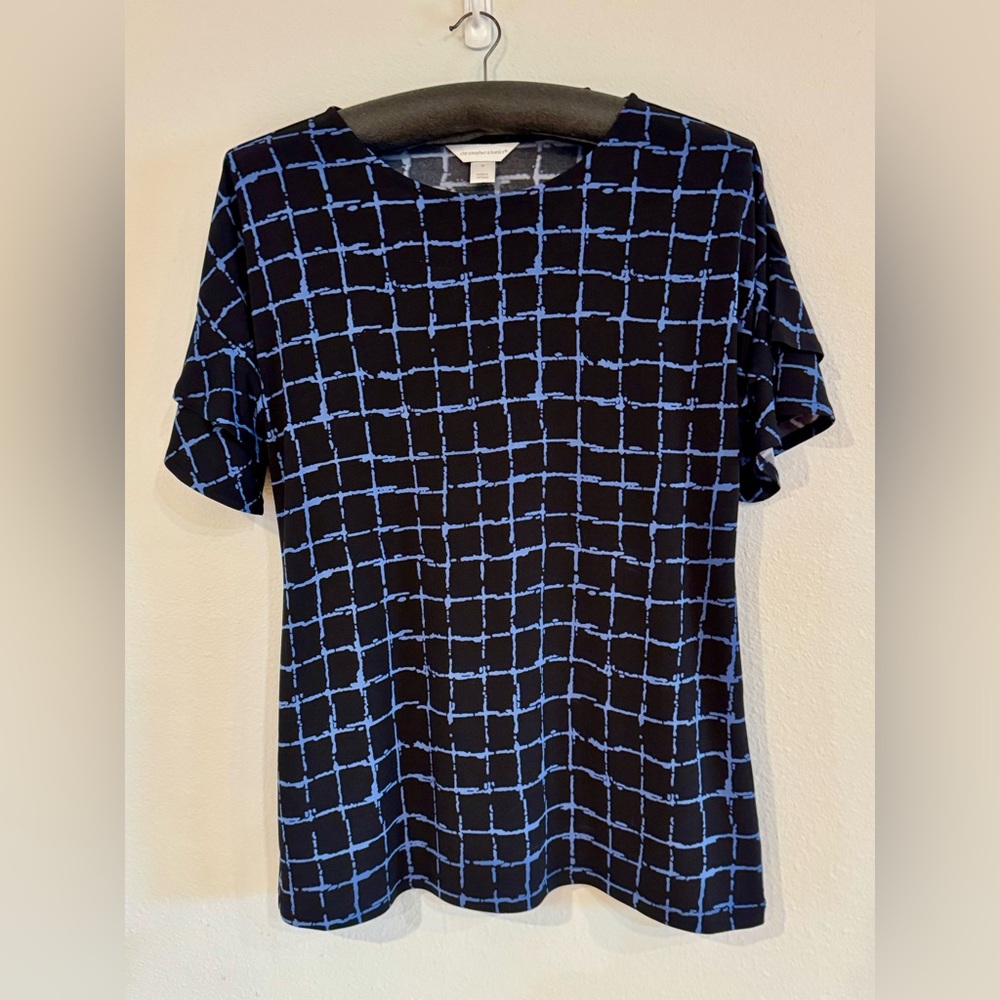 Christopher & Banks Black and Blue Grid Pattern Top Size Medium